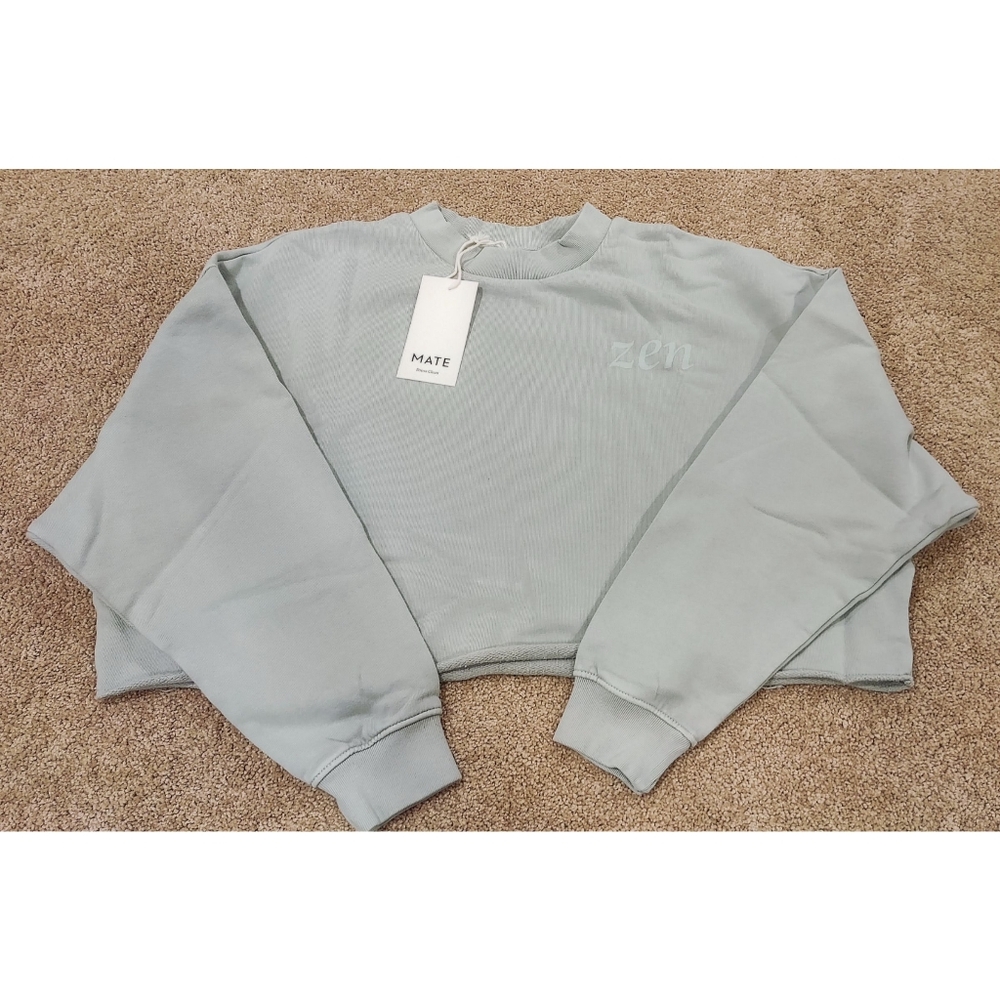 NWT MATE The Label Organic Fleece Graphic Cropped Vintage Sweatshirt in Seagrass